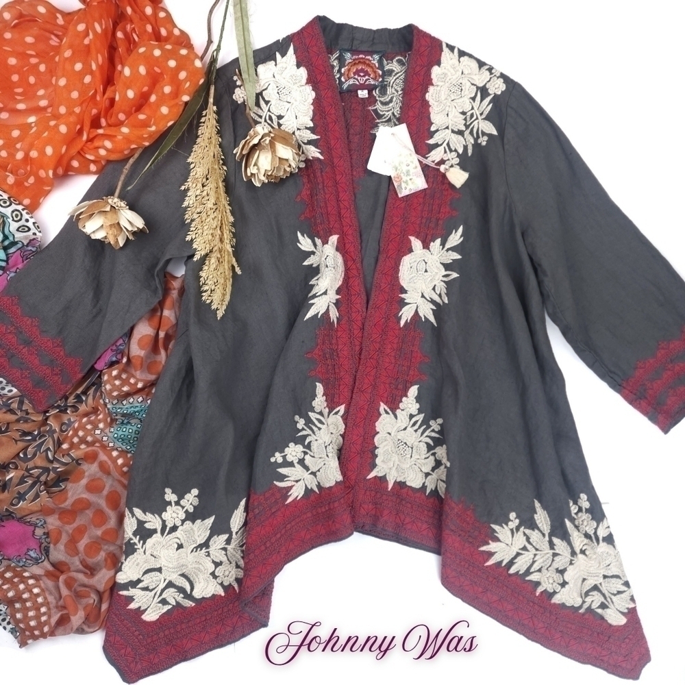 New Johnny Was Charcoal Camille Draped Embroidered Cream Red Cardigan Sz…